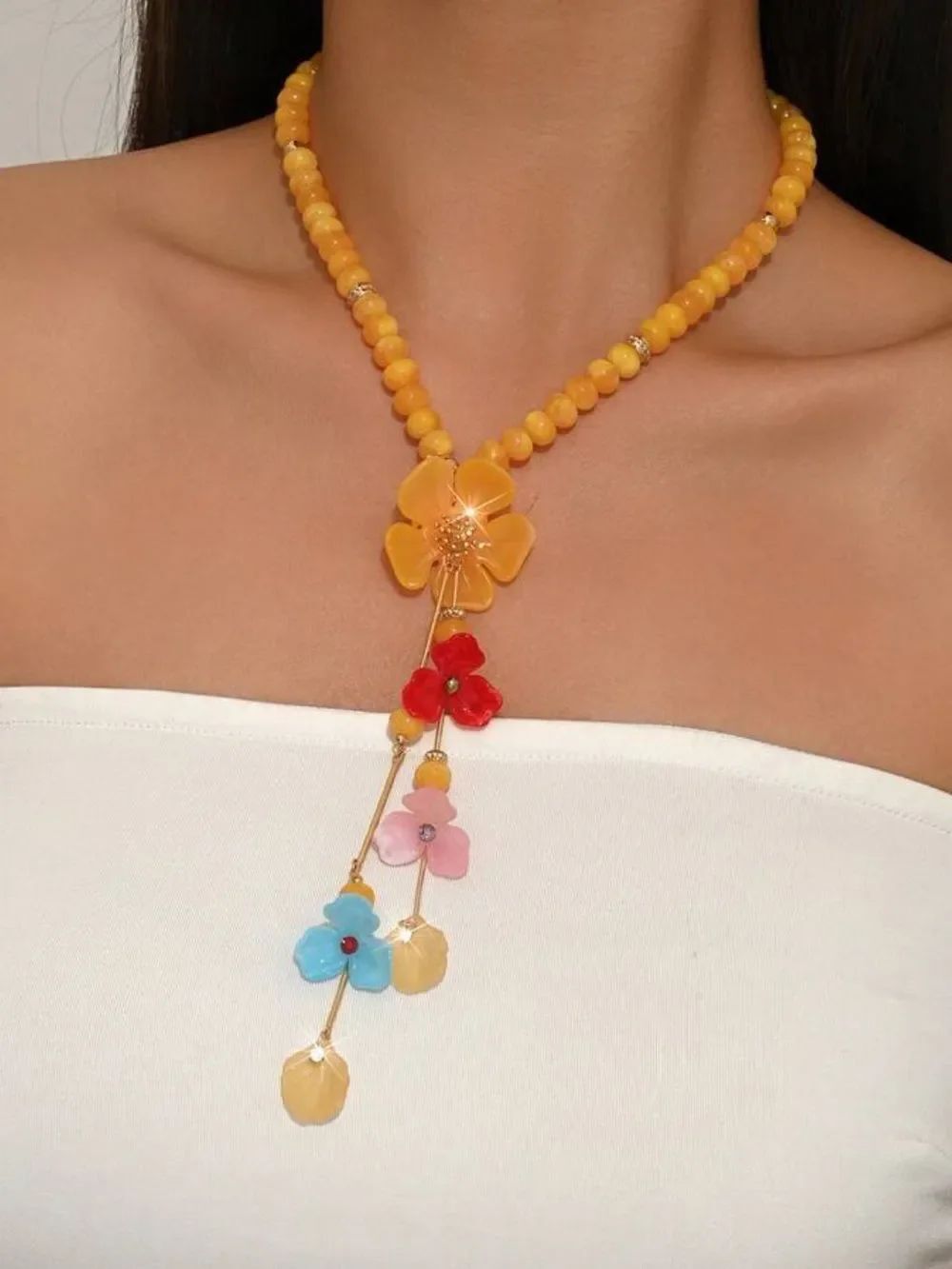 Yellow Beaded Flower Lariat Necklace #2720